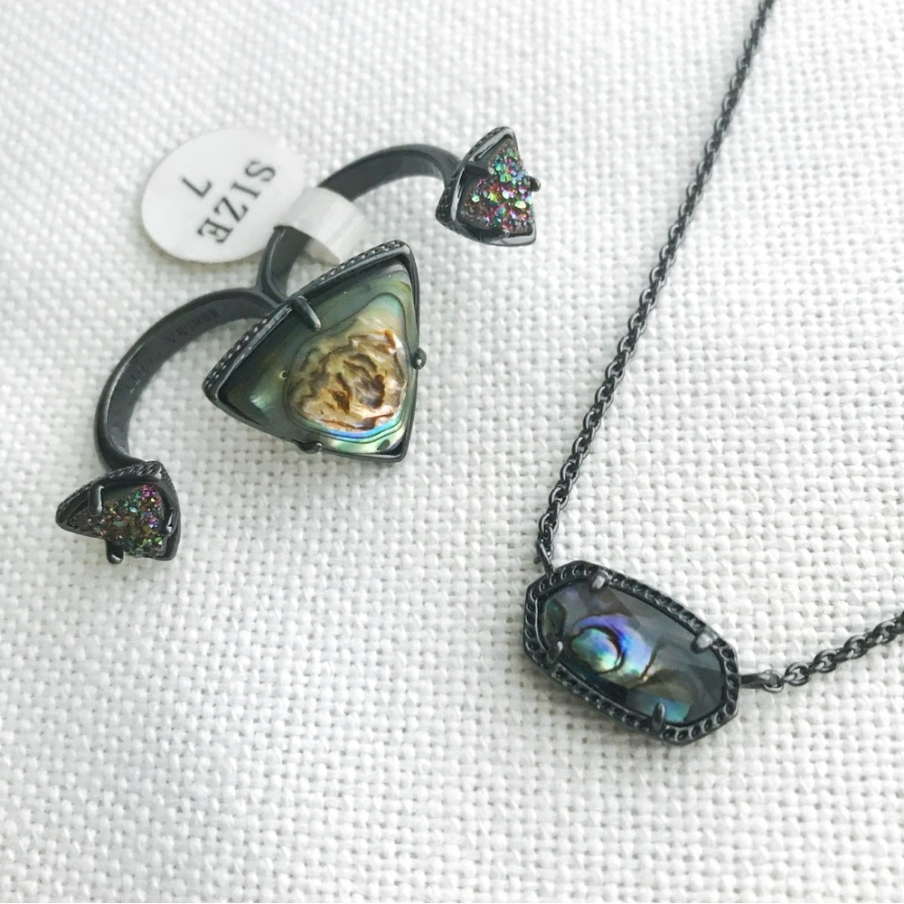 NWT Set KENDRA SCOTT Elsie Necklace & Rachel Double Ring Abalone Druzy Gunmetal